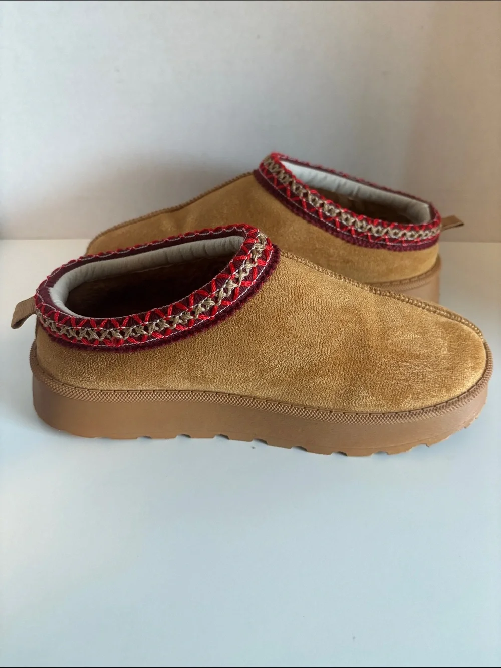 Jellypop Tan Suede Kids Slip-On Slippers with Red Trim